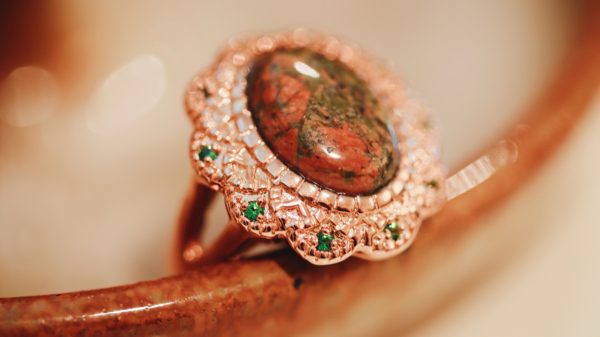 Vintage Unakite Russian Chrome Diopside Copper Ring size 7